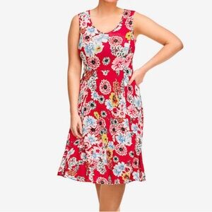 Ellos Vibrant Red Dress with Floral Accents. Sleeveless Summer Beach Party